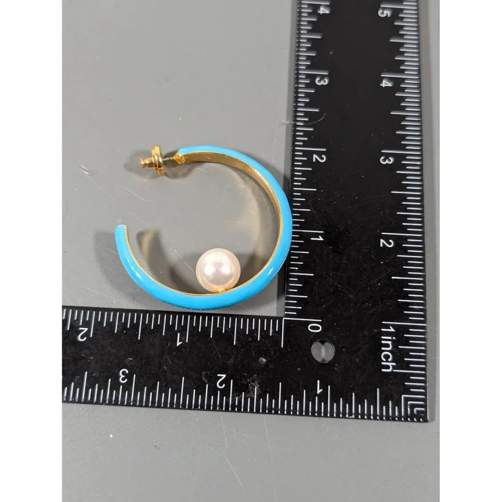 Turquoise Blue Enamel Hoop Earrings Faux Pearl Signed Kenneth Lane‎ - Picture 10 of 10